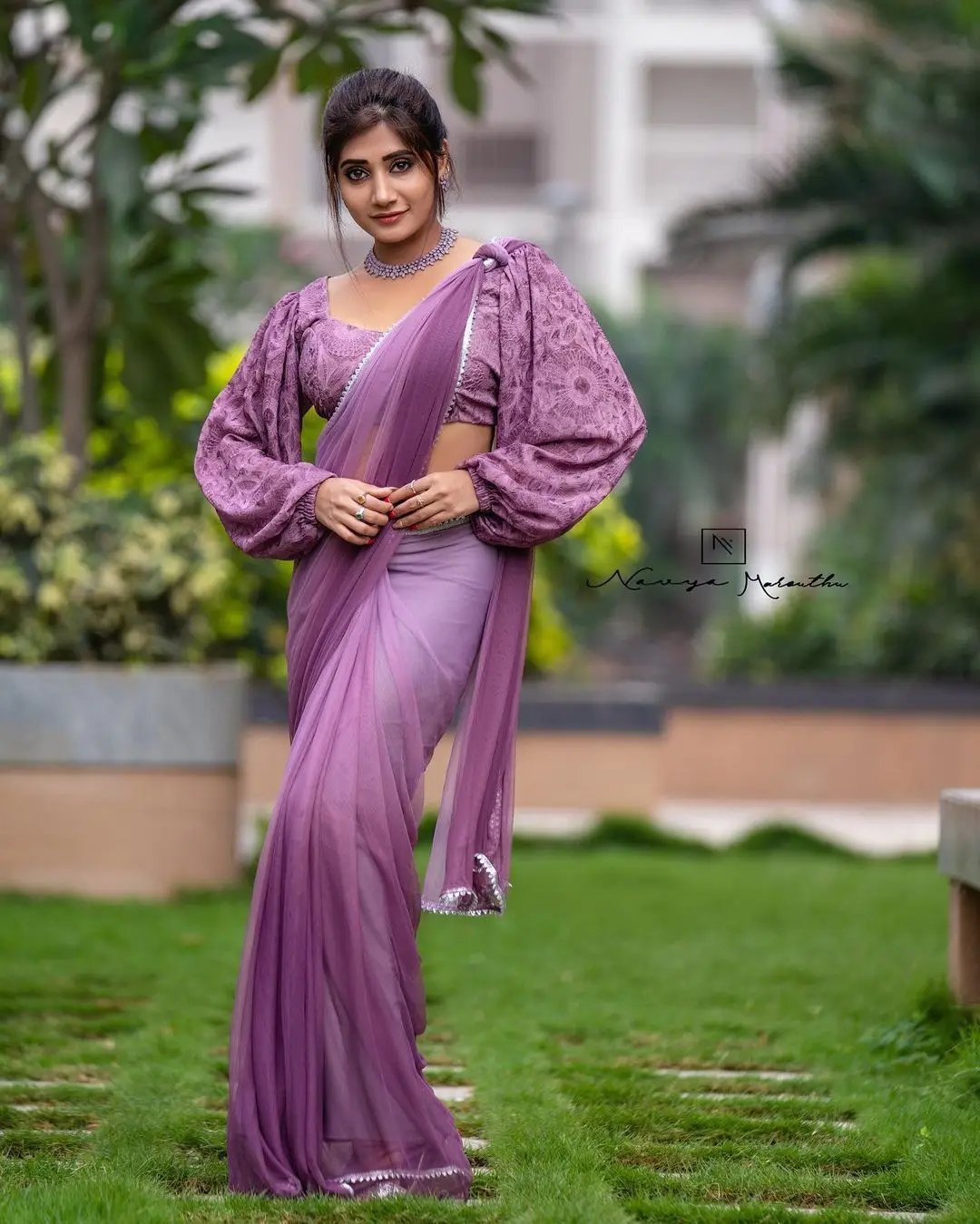 Vasanthi Krishnan Wearing Violet Saree Blouse